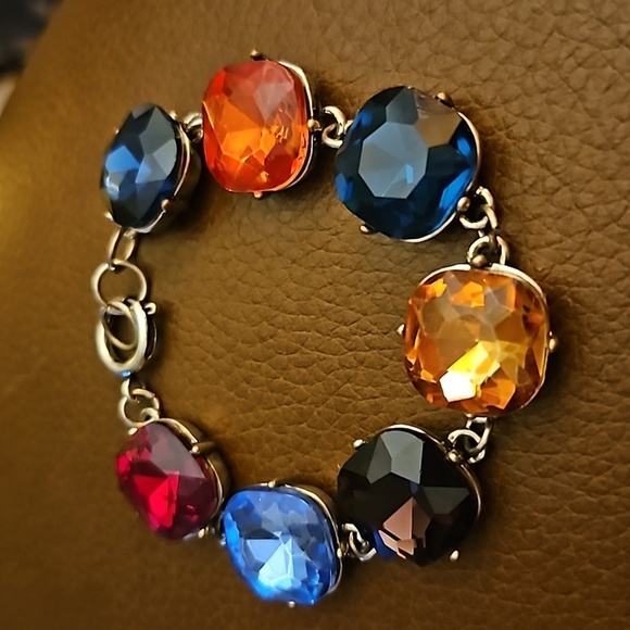 Vintage 1980s Rainbow Glass Faceted Cushion Gem Chunky Link Bracelet - Picture 2 of 6